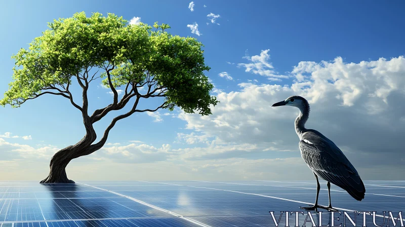 Bird on Solar Panels with Tree AI Image