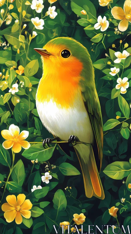 Colorful Bird in Flowered Foliage AI Image