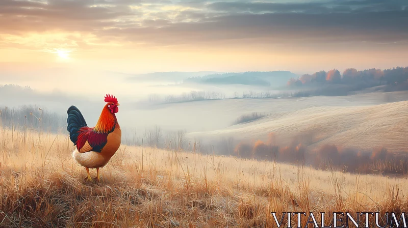 Misty Morning Landscape with a Rooster AI Image