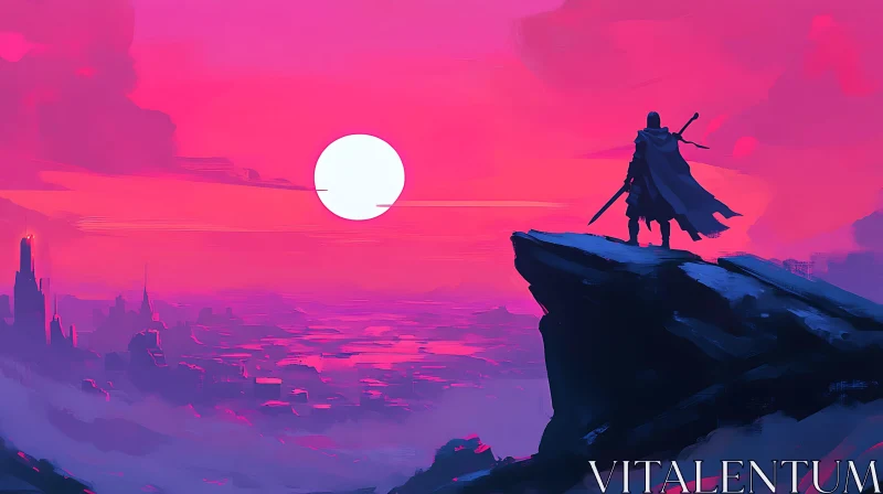 AI ART Lone Warrior Pink Sunset Vista