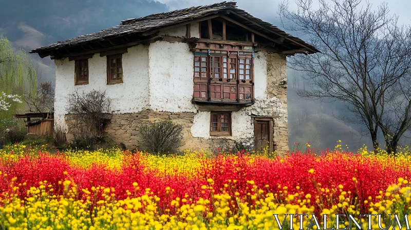 AI ART Charming Rural House with Flower Field