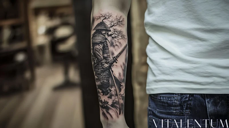 Monochrome Samurai Tattoo on Arm AI Image