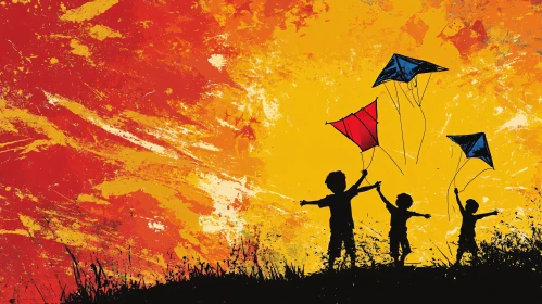 Silhouette of Children with Kites