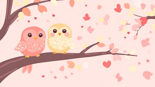 Cute Owls on a Branch