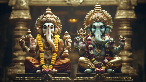 Twin Ganesha Deities: A Study in Gold