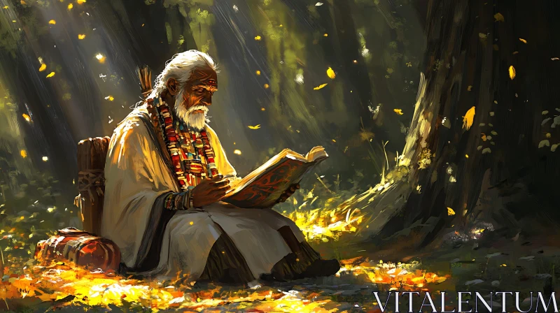 AI ART Old Man Reading Book in Forest