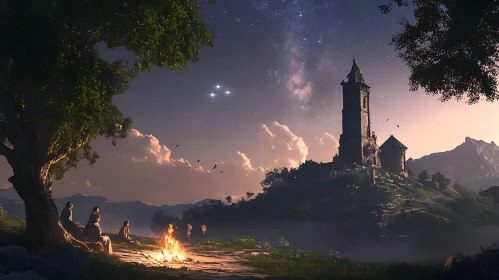 Campfire Under the Stars Near Ancient Tower