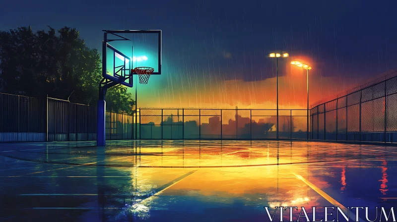 AI ART Wet Basketball Court at Dusk