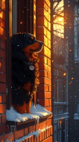 Dog Gazing from a Snowy City Window