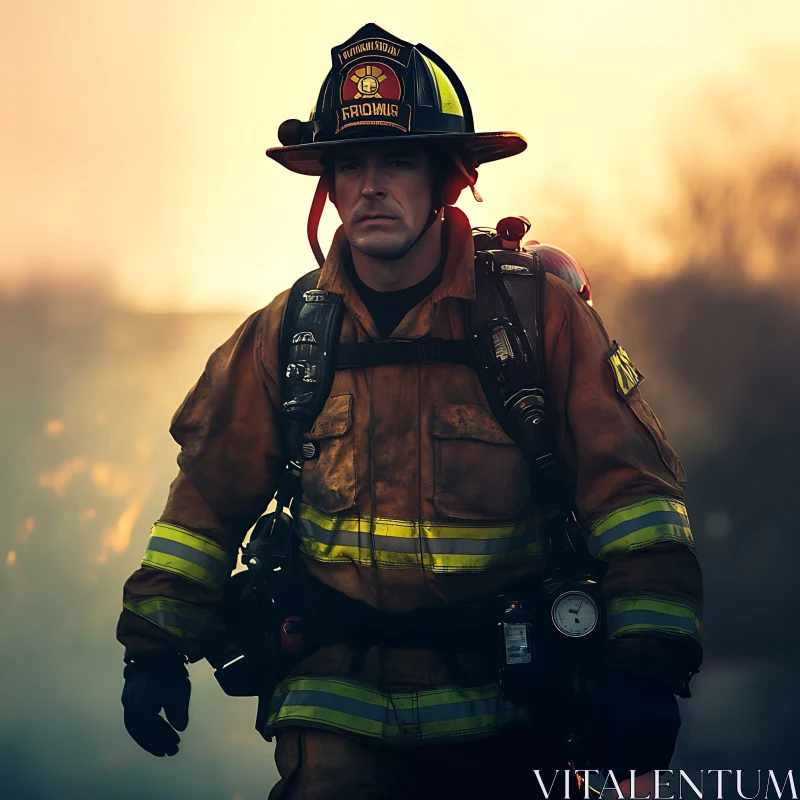 Firefighter in Full Gear at Sunset AI Image