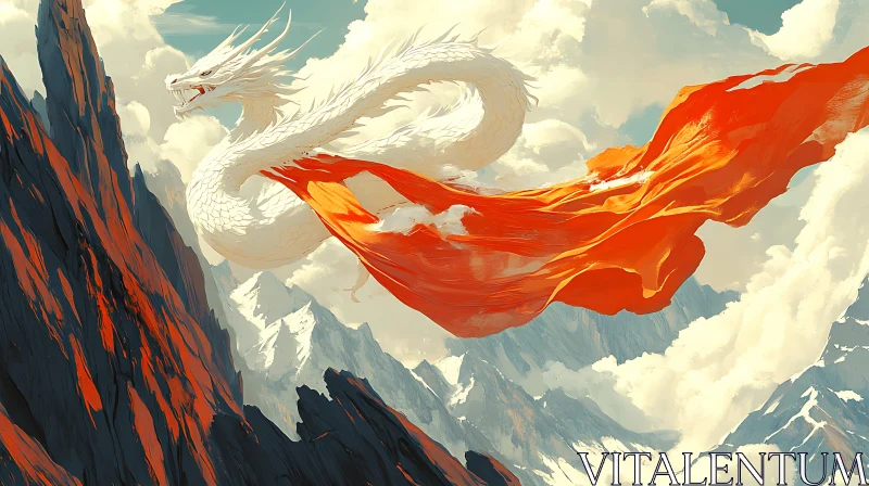 AI ART White Dragon Flight Above Peaks