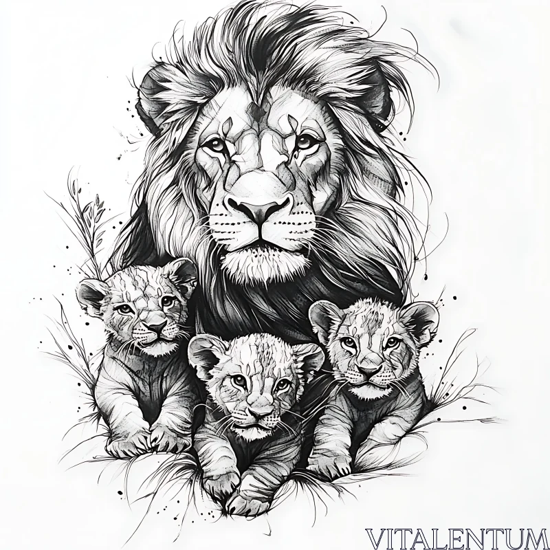 AI ART Monochrome Lion and Cubs Illustration