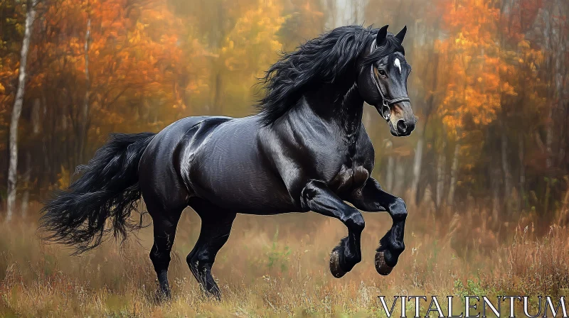 AI ART Black Stallion Amidst Autumn Colors