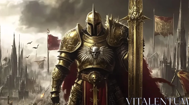 AI ART Armored Warrior with Sword and Gothic City