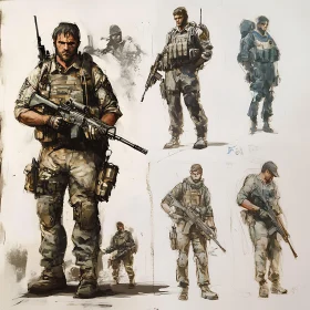 Military Sketch: Soldiers with Rifles