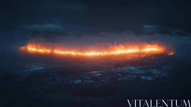 Surreal Nighttime Fiery Landscape Over Ocean AI Image