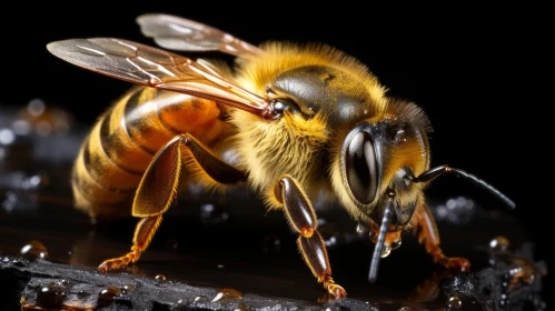 Bee on Black Background - A Shimmering Encounter