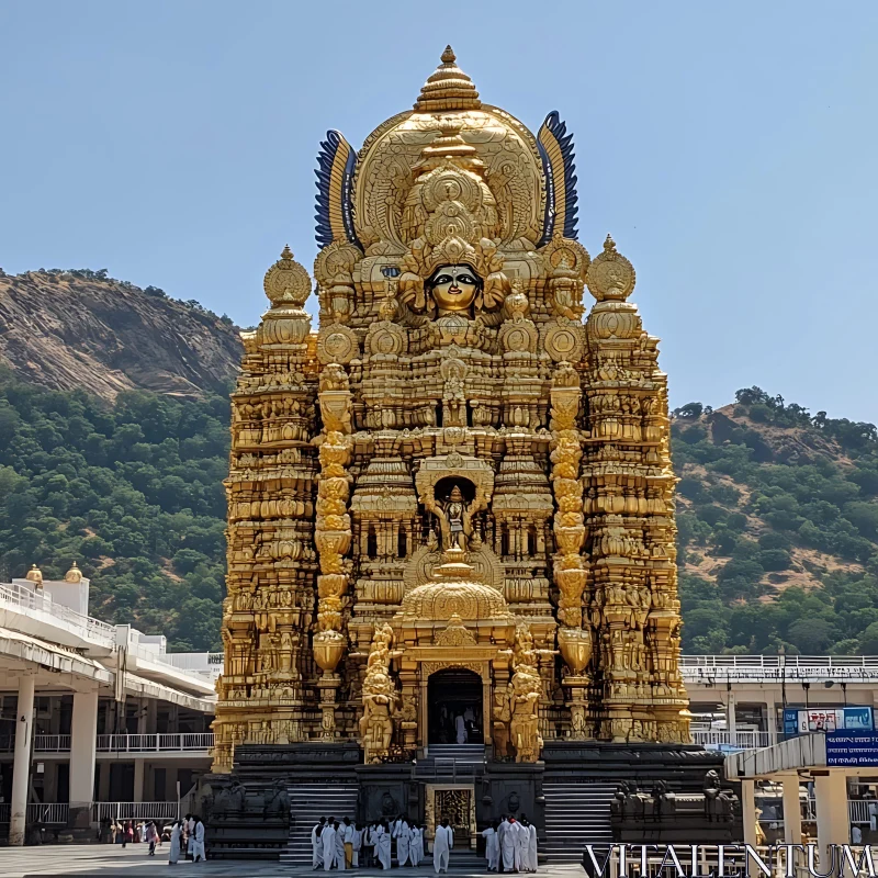 Ornate Golden Temple with Devotees AI Image