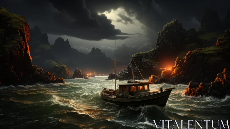 Captivating Boat Sailing in the Ocean - Moody Lighting and Norwegian Nature AI Image