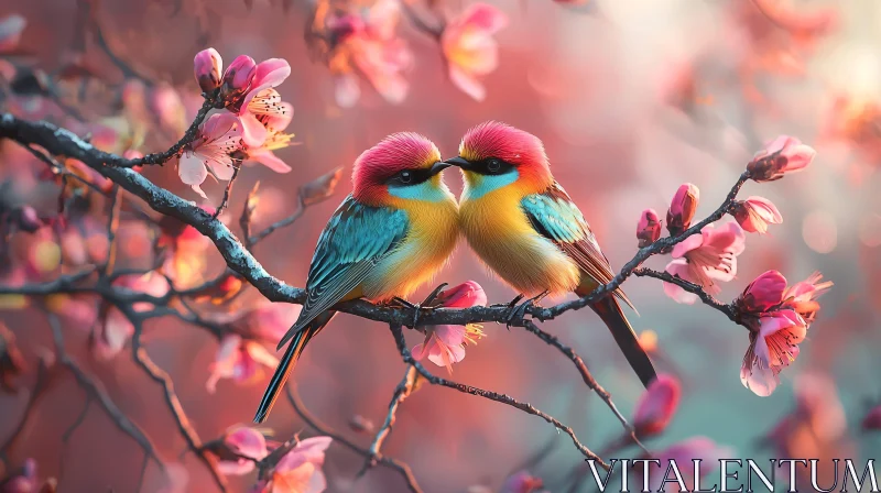 Pair of Birds on Flowering Branch AI Image