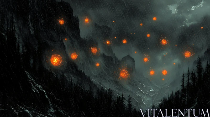 AI ART Gloomy Mountainous Landscape with Glowing Spheres