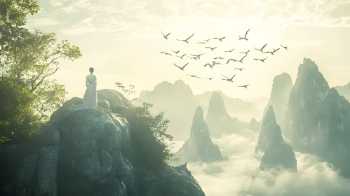 Serene Mountain Landscape with Woman and Birds