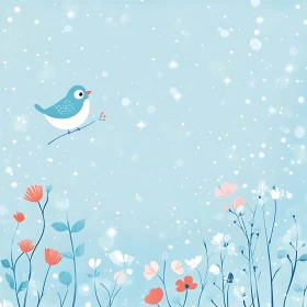 Whimsical Bird on Branch with Floral Accents