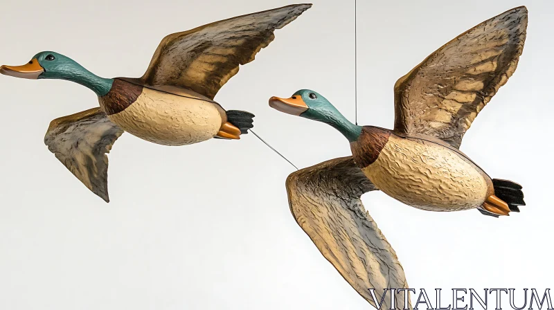 Sculpted Ducks Mid-Flight AI Image