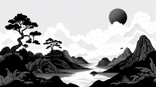 Scenic Black and White Mountain River View