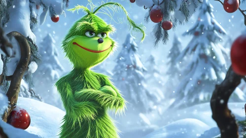 Whimsical Grinch in Snowy Christmas Scene