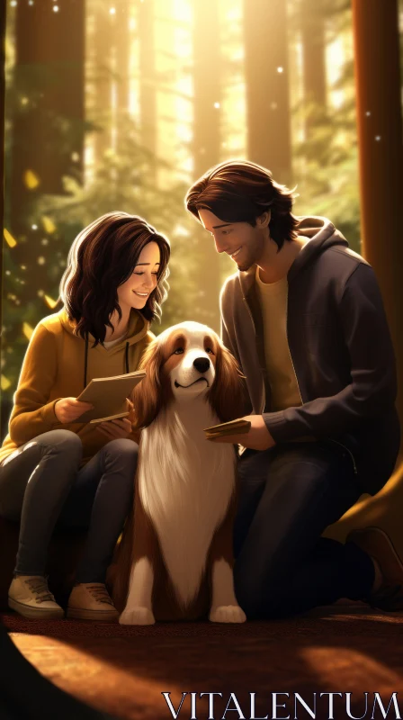 Enchanting Forest Scene: Couple with Dog in Dreamy Digital Painting AI Image
