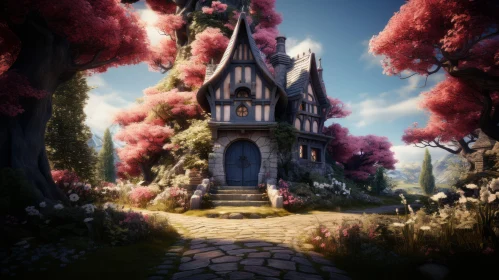 Fairytale Countryside Home with Pink Flowers - Fantasy Artwork
