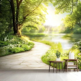 Peaceful Nature Landscape with Sunlit Path and River