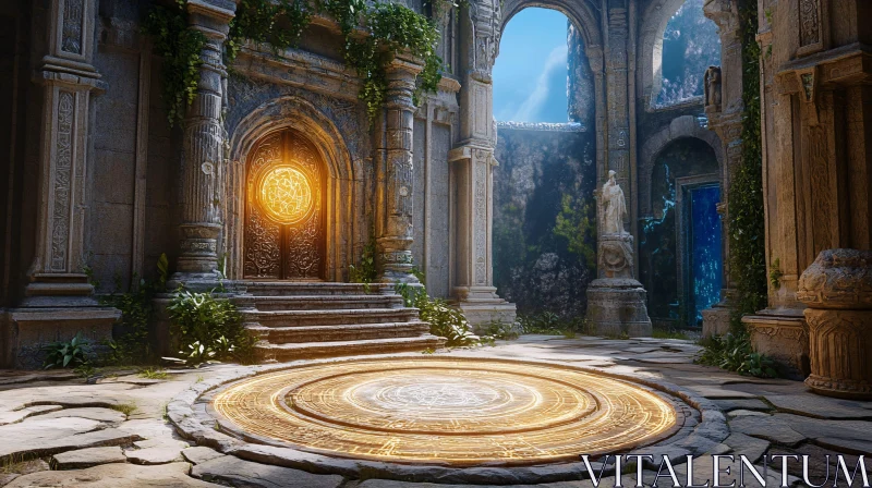 Mystical Courtyard with Glowing Portal AI Image