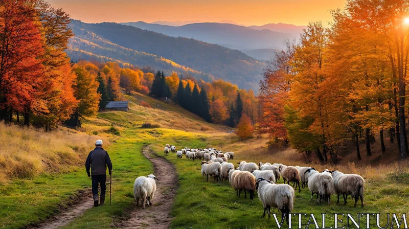 Shepherd and Flock in Fall Mountain Scene