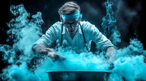 Chemist Creating Blue Smoke Effect