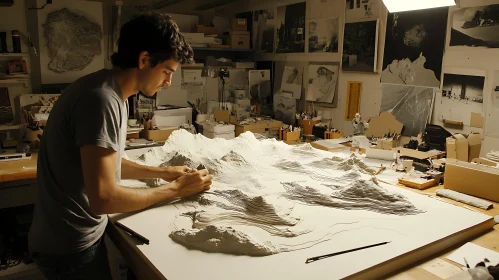 Artist crafting a topographic mountain model