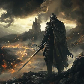 Warrior Overlooking Burning Castle