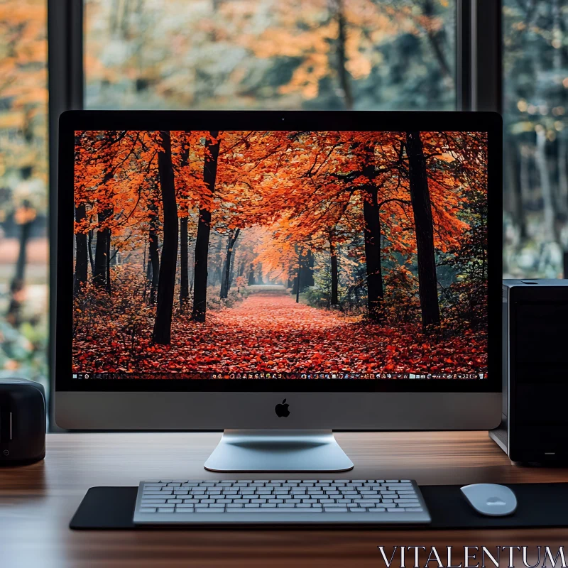 Autumn Forest Desktop in Modern Workspace AI Image