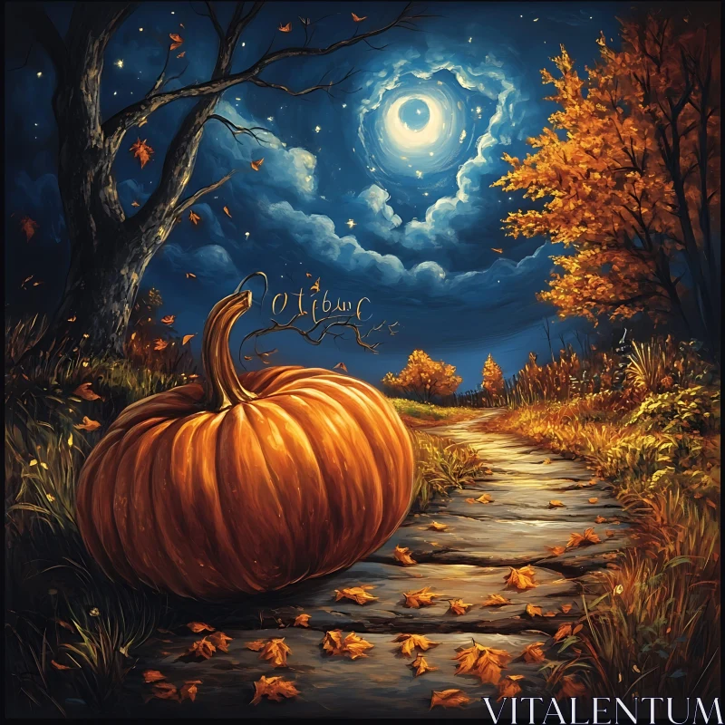 Moonlit Fall Path with Pumpkin AI Image