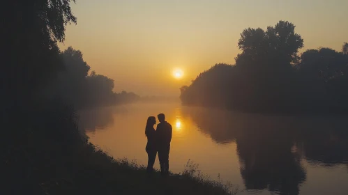 Couple's Silhouette at Dawn by the Water