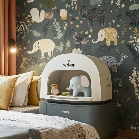 Whimsical Nursery with Elephant Wallpaper and Cute Decorations