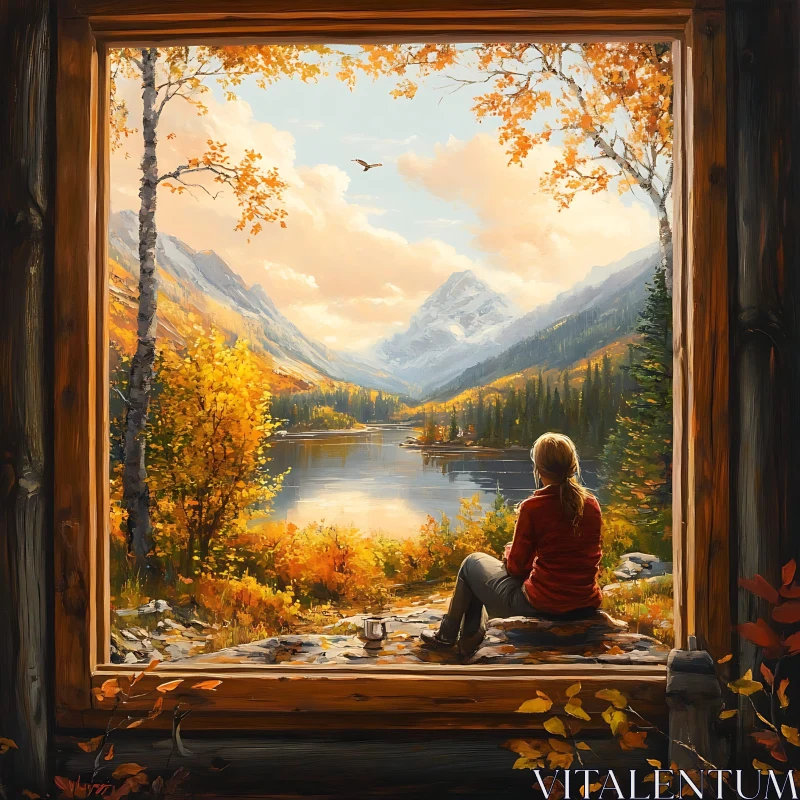 Autumn Landscape Seen Through Cabin Window AI Image