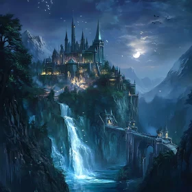 Moonlit Castle Overlooking Waterfall