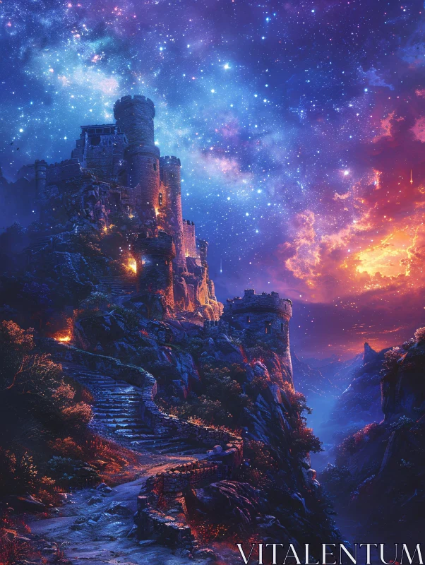 Enchanting Castle Landscape at Night AI Image