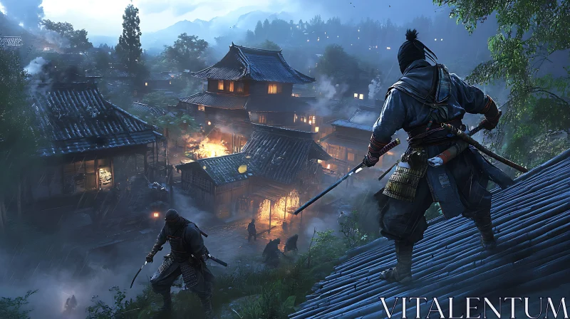 Samurai Warrior in Ancient Village AI Image