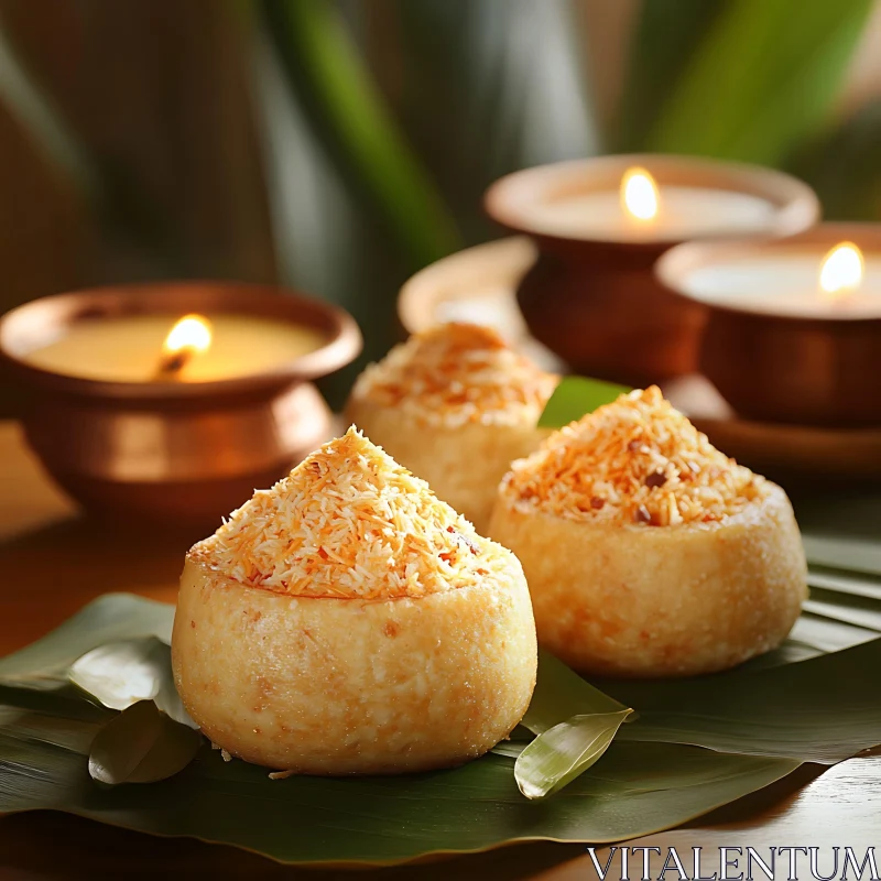 Coconut Topped Cakes and Candle Ambiance AI Image