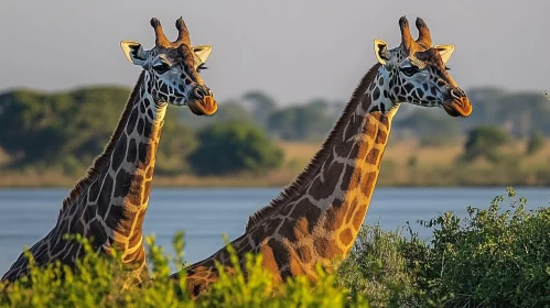 Peaceful Giraffe Pair by Water