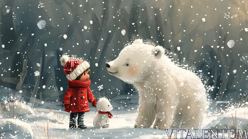 AI ART Snowy Encounter: Child and Bear Artwork