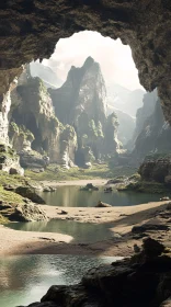 Tranquil Cave Landscape with Lush Mountains and Lake